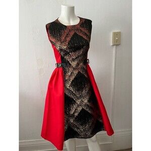 Womens Red Holiday fit flare Dress XS gold shimmy belted holiday edgy punk New